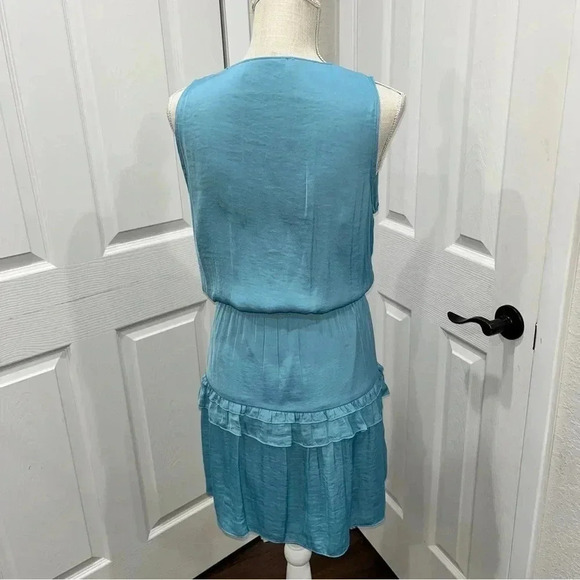 The Impeccable Pig v-neck, sleeveless, teal, ruffled tiered, mini dress - Picture 6 of 12